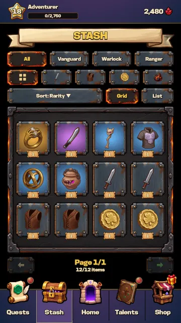 The stash, sorted by class and rarity