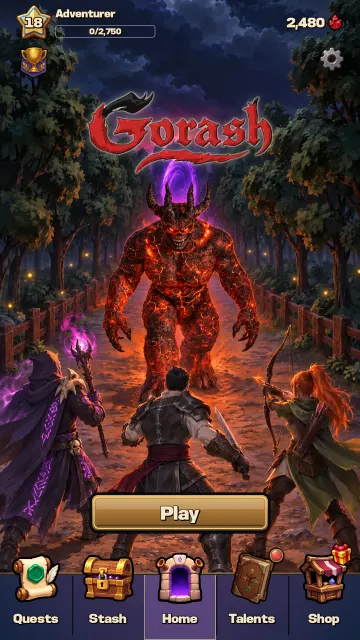 The home screen: the demon Gorash faces the three heroes