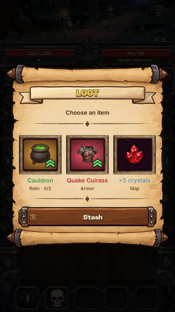 Loot after a fight: pick one item or send it to the stash