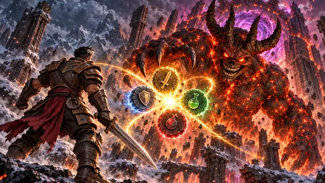 The hero faces the demon Gorash amid lava and snow, the four piece families glowing between them